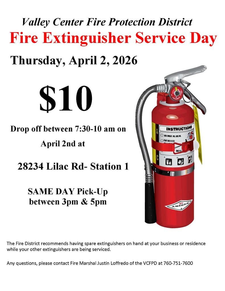 Fire Extinguisher Service Day Flyer April 2, 2026 at Station 1 - drop off from 7:30-10am. Same day pick up $10 per extinguisher